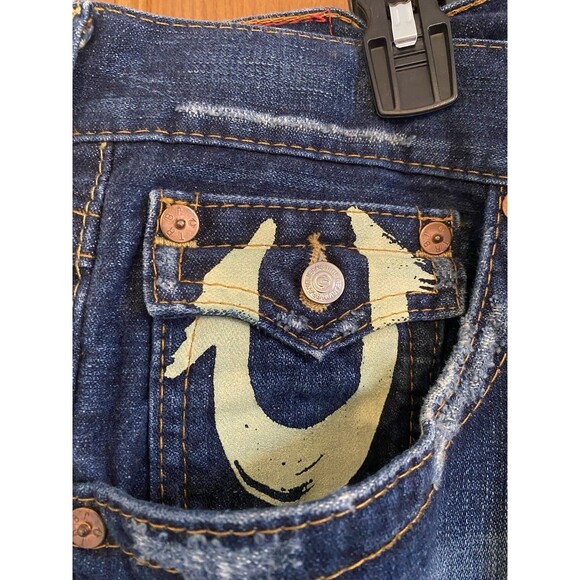 True Religion Men Denim Jeans 36 Bootcut/Flare Twisted Seams Green/Yellow Paint - Picture 8 of 13